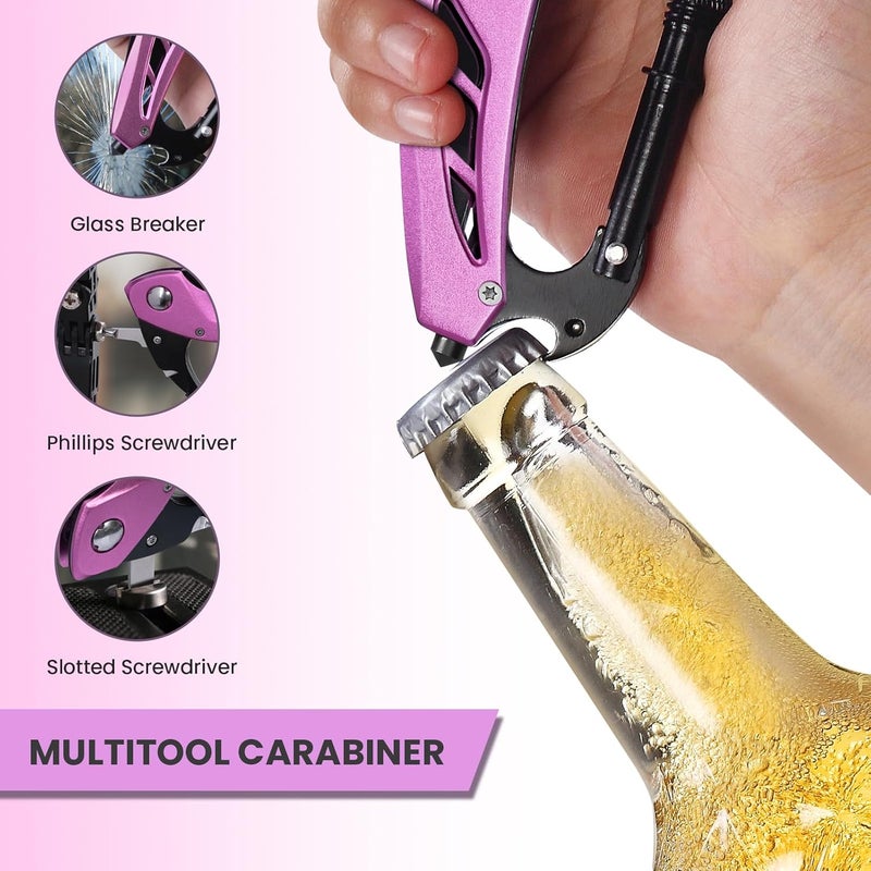 FUNBRO Pink Multitool Carabiner, Stocking Stuffers Gifts for Mom Women Wife, 6-in-1 Keychain Multi Tools with Window Breaker, Bottle Opener and Screwdriver, EDC Gear Gadget for Camping Hiking - Image 2